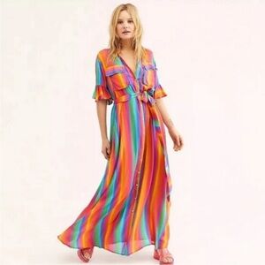 All Things Mochi Leilani Striped Frill Sleeve Silk Maxi Dress NWT Size Medium